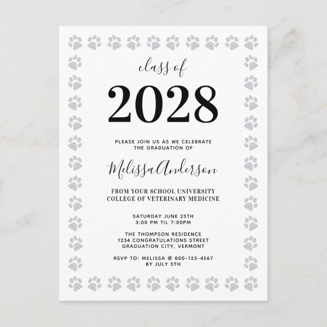 Black White Silver Glitter Paw Prints Graduation Invitation Postcard (Front)