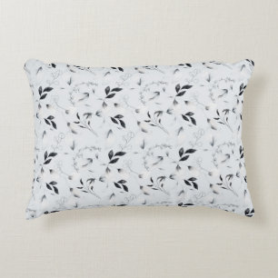 Black White Silver Grey Floral Leaves   Accent Pillow