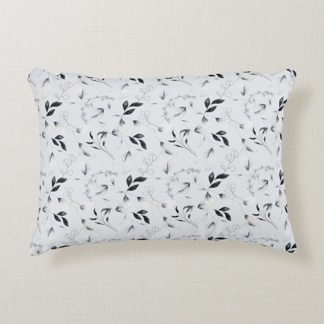 Black White Silver Grey Floral Leaves   Accent Pillow (Front)