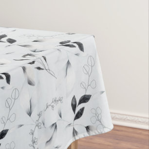 Black White Silver Grey Floral Leaves  Tablecloth