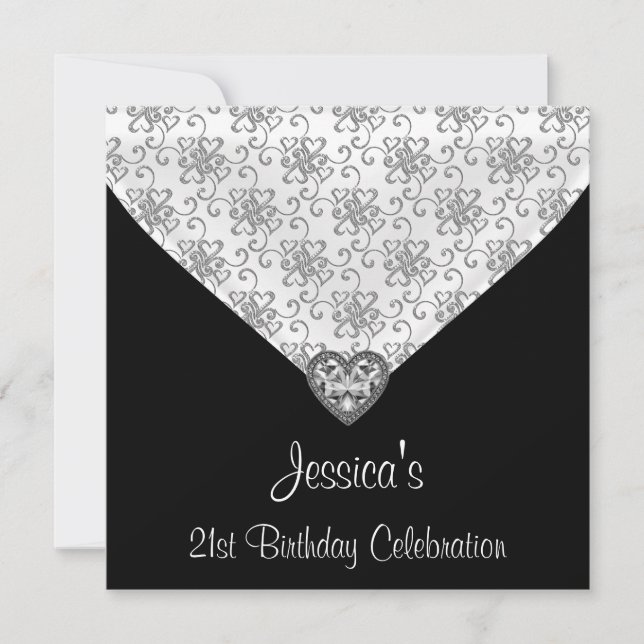 Black White Silver Hearts Jewel 21st Birthday Invitation (Front)