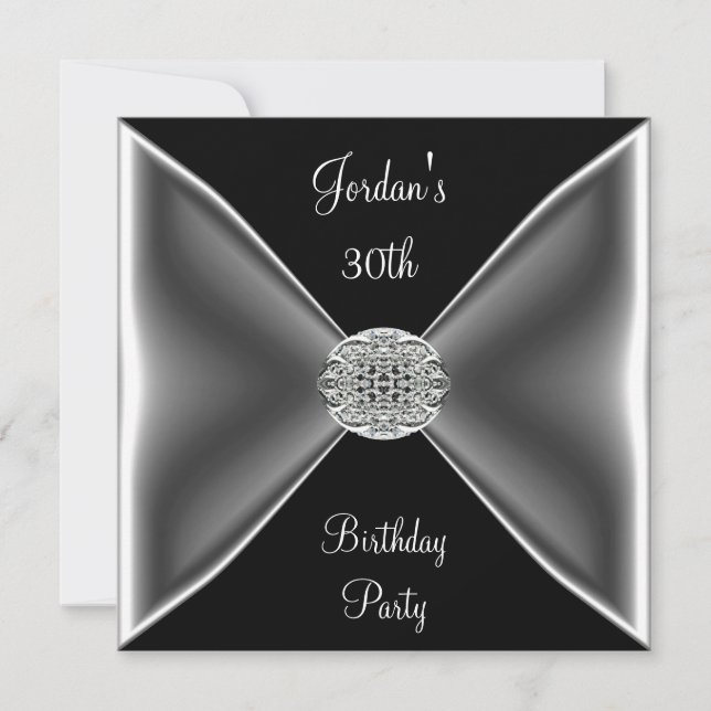 Black & White Silver Jewel  30th Birthday Party Invitation (Front)