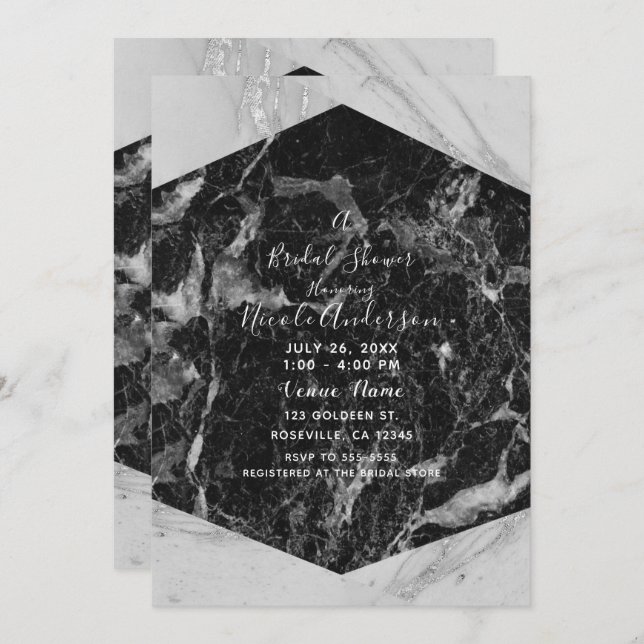 Black White & Silver Marble Modern Bridal Shower Invitation (Front/Back)