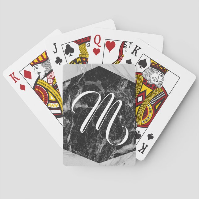 Black White & Silver Marble Modern Glam Monogram Playing Cards (Back)