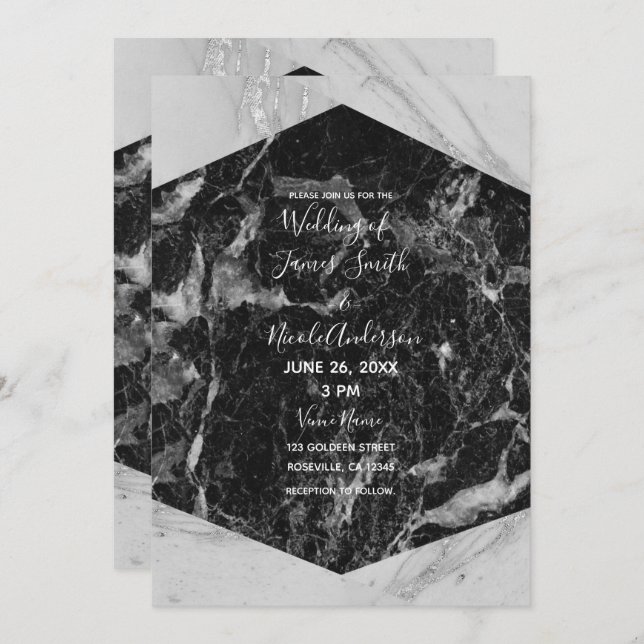 Black White & Silver Marble Modern Glam Wedding Invitation (Front/Back)