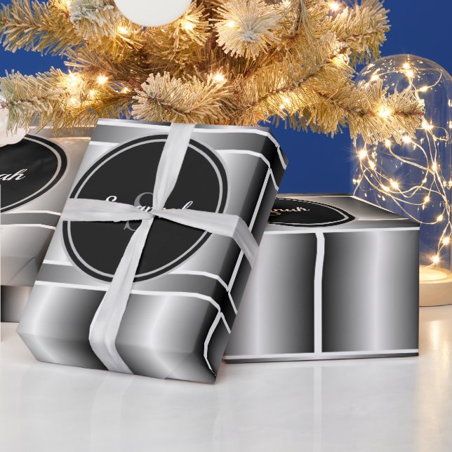 Black White & silver Monogrammed Geometric Squares Wrapping Paper (Holidays)