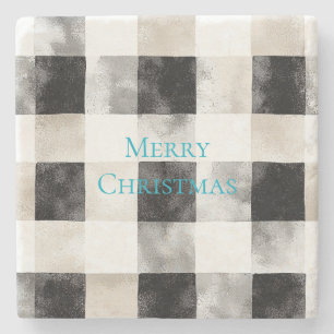 Black White Silver Rustic Stripes Christmas Stone Coaster