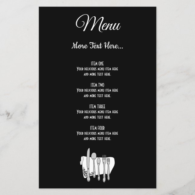 Black White Silverware Editable 5.5"x8.5" Menu (Front)