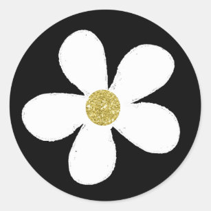 Black White Simple Daisy Gold Classic Round Sticker