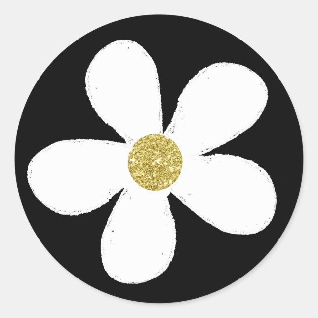 Black White Simple Daisy Gold Classic Round Sticker (Front)