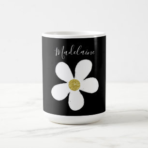 Black White Simple Daisy Gold Personal Coffee Mug