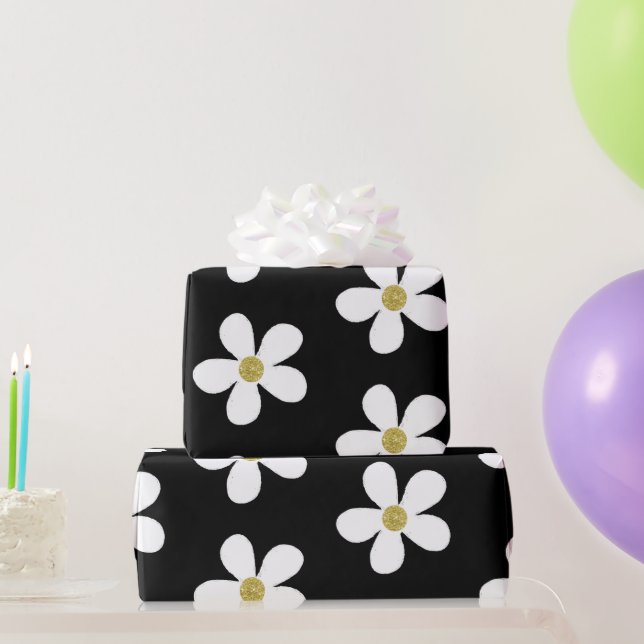 Black White  Simple Daisy Gold Wrapping Paper (Party Gifts)