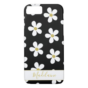 Black White Simple Daisy Pattern Gold Personal Case-Mate iPhone Case