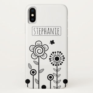 Black, white simple flowers and name floral Case-Mate iPhone case