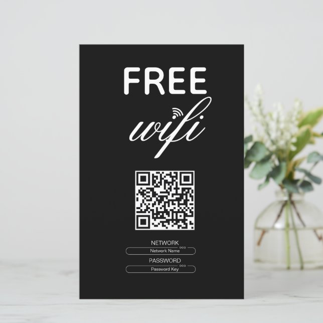 Black White Simple Free Wi-Fi QR Code Place (Standing Front)