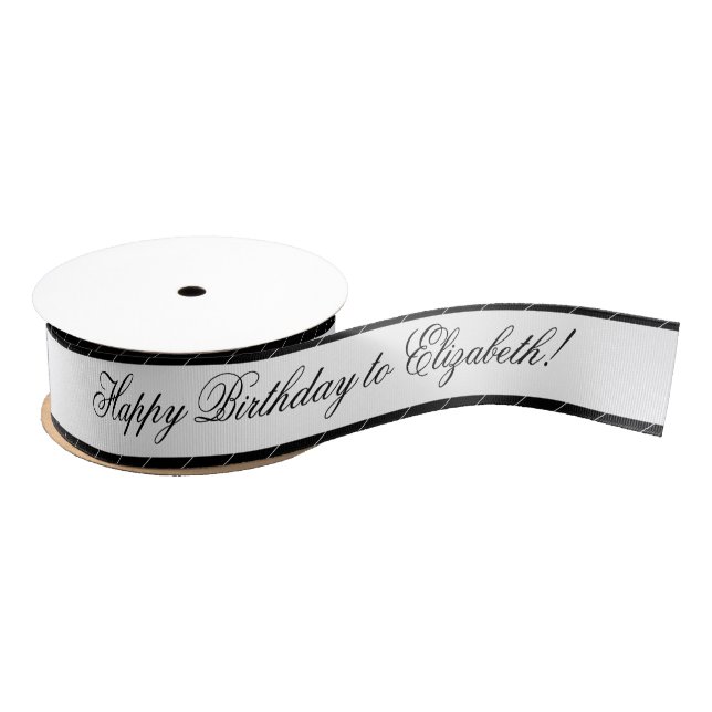 Black White Simple Happy Birthday Name Grosgrain Ribbon (Spool)