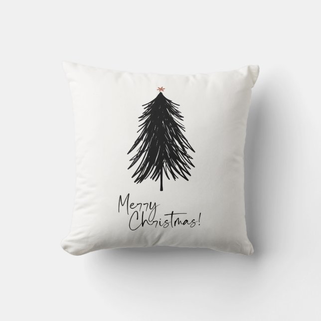 Black White Simple Merry Christmas Tree Throw Pillow (Front)