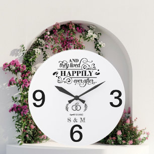 Black & White Simple Minimalist Newlyweds Marriage Large Clock