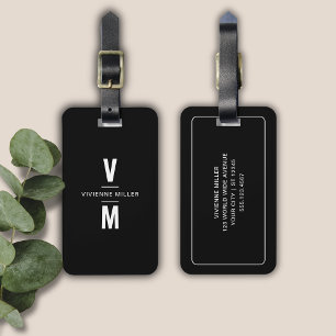 Black White Simple Modern Minimal Monogram Custom Luggage Tag