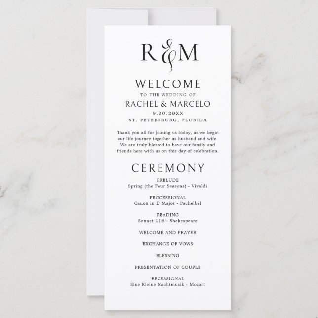 Black White Simple Monogram Wedding Program (Front)