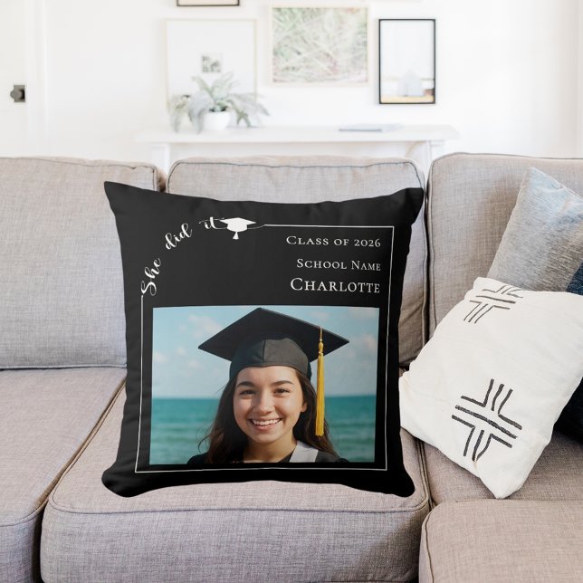 Black white simple photo She did it Graduate Throw Pillow (Creator Uploaded)
