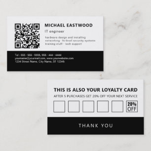 Black White Simple QR Code 2 in 1 Loyalty And Business Card