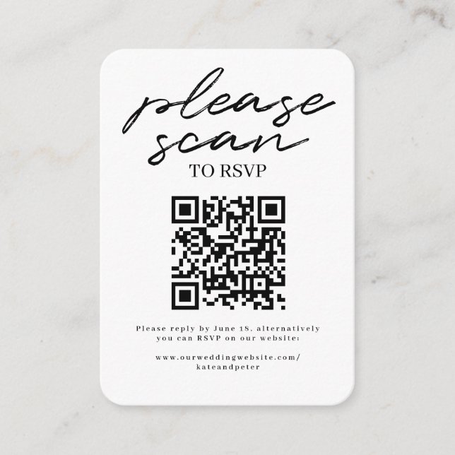 Black White Simple Script Wedding RSVP QR Code Enclosure Card (Front)