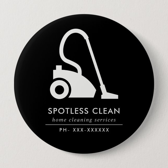 BLACK WHITE SIMPLE VACUUM CLEANER CLEANING SERVICE 4 INCH ROUND BUTTON (Front)