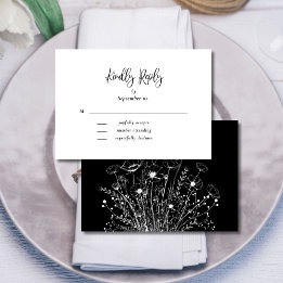 Black White Simple Wildflower Floral Wedding RSVP