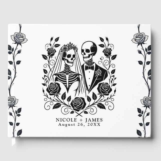 Black White Skeleton Floral Rose Vine Wedding  Guest Book (Front)