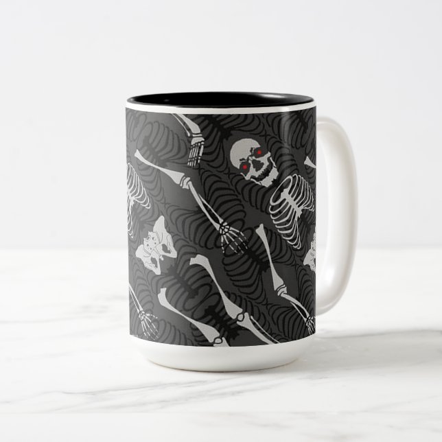 Black & White Skeletons Halloween Two-Tone Coffee Mug (Front Right)