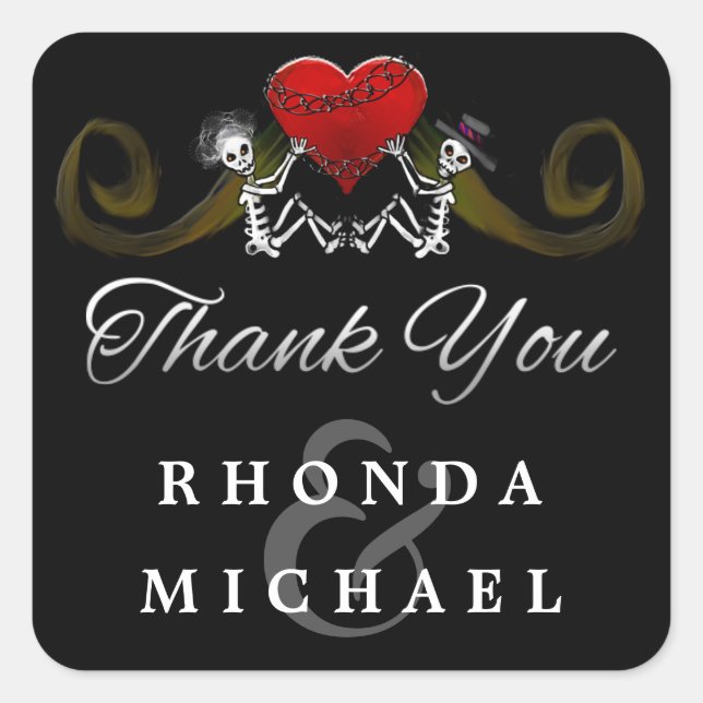 Black White Skeletons Heart Thank You Label (Front)