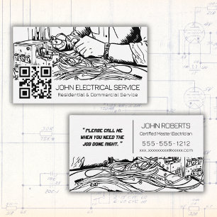 Black & White Sketch Style Electrician with QR Business Card