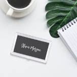 Black & White Sketched Cursive Script Business Card Holder<br><div class="desc">Elegant business card case features your name,  title,  or choice of personalization in white hand scripted cursive lettering on an ash black background.</div>