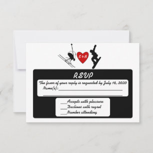 Black white ski snowboard custom wedding RSVP card