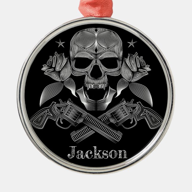 Black & White Skull and Guns Metal Ornament (Front)