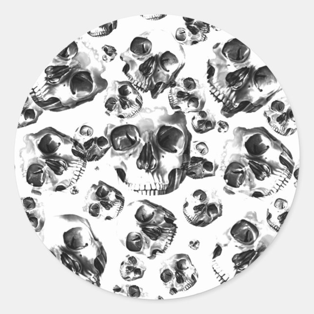 Black & White Skulls Skeleton Skull Art Pattern Classic Round Sticker (Front)