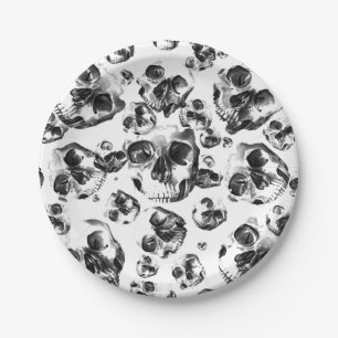 Black & White Skulls Skeleton Skull Art Pattern Paper Plate