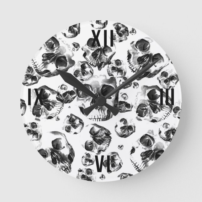 Black & White Skulls Skeleton Skull Art Pattern Round Clock (Front)