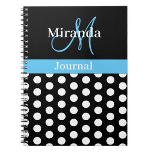 Black White Sky Blue Monogram Script Polka Dots Notebook