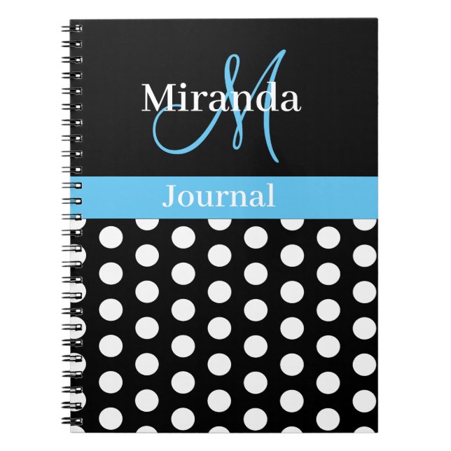 Black White Sky Blue Monogram Script Polka Dots Notebook (Front)