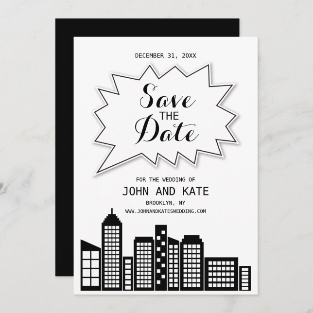 Black & White Skyline Save The Date Invitation (Front/Back)