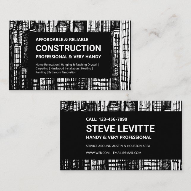 Black & White Skyscraper Construction Business Card (Front/Back)