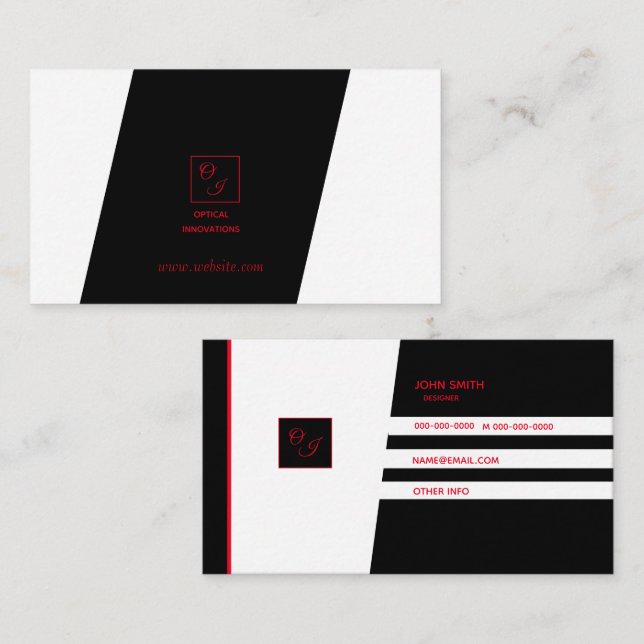 black white slant red monogram business card (Front/Back)