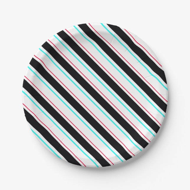 Black White Slanted Regimental Stripe Lines Paper Plate (Front)
