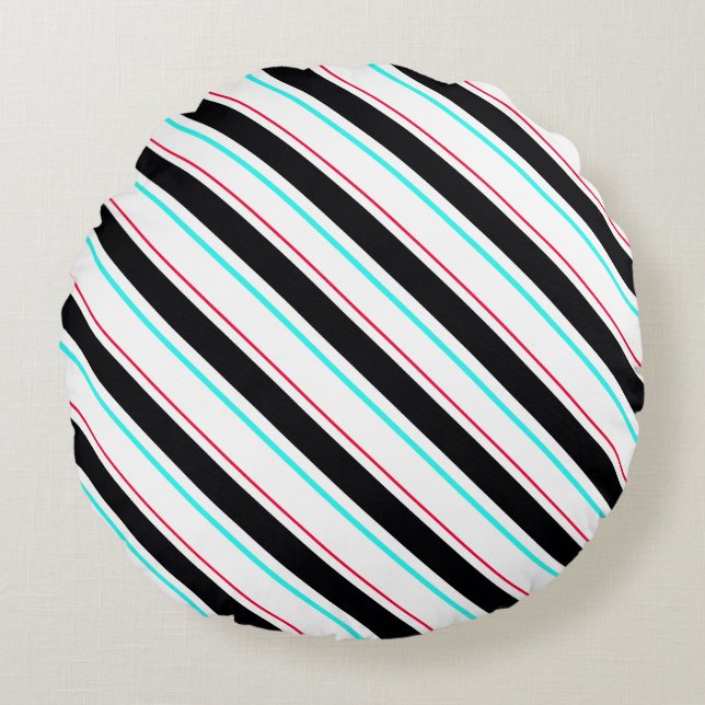 Black White Slanted Regimental Stripe Lines Round Pillow (Front)