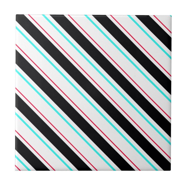 Black White Slanted Regimental Stripe Lines Tile (Front)