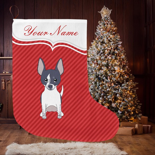 Black White Smiling Cartoon Chihuahua Puppy Dog Large Christmas Stocking (Black White Smiling Cartoon Chihuahua Dog Christmas Stocking)