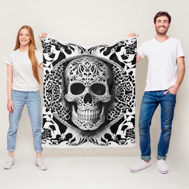 Black & White Smiling Lace Skull Gothic Fleece Blanket (In Situ)