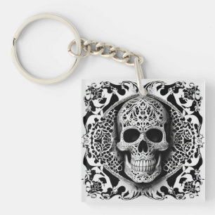 Black & White Smiling Lace Skull Keychain